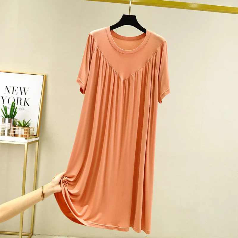 Modal Nightgown Women Summer Pleated Thin O-neck Loose Large Size Casual Short Sleeve Night Dress Home Female Long Dress