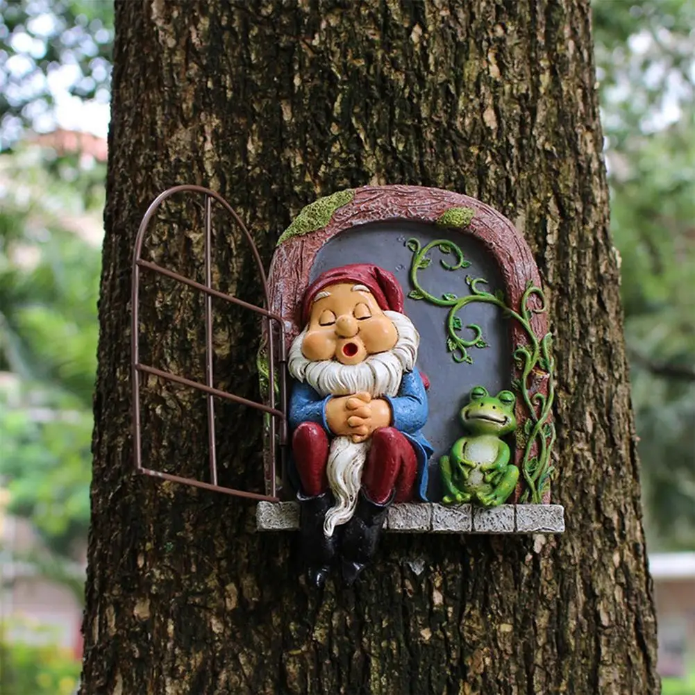 

New Napping Gnome and Frog Statue Tree Hugger Yard Art unimaginable Tree Sculpture Garden Decoration