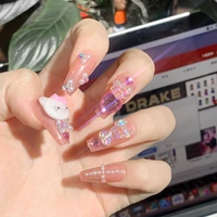 cute hello kitty kuromi false nail tips rhinestone press on nail y2k coffin ballet reusable 24pcs fake nail with glue toy girls