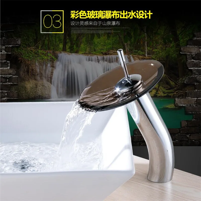 

Glass Basin Faucet Brass Waterfall Bathroom Torneira Do Banheiro Mixer Tap Deck Mounted Wash Sink Taps Salle De Bain Banheiro