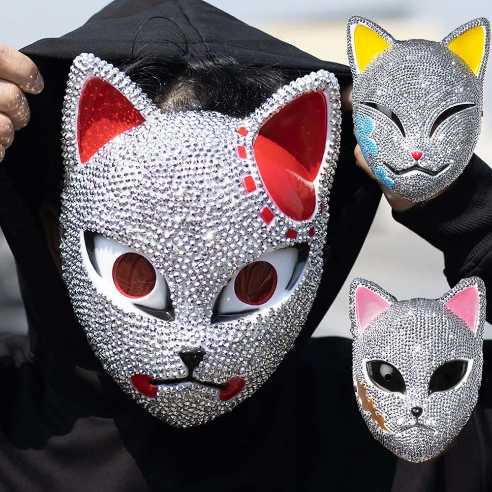

Anime Demon Slayer Handmade Rhinestone Mask Cosplay Kimetsu no Yaiba Sabito Makomo Fox Masks Halloween Party Costume Props