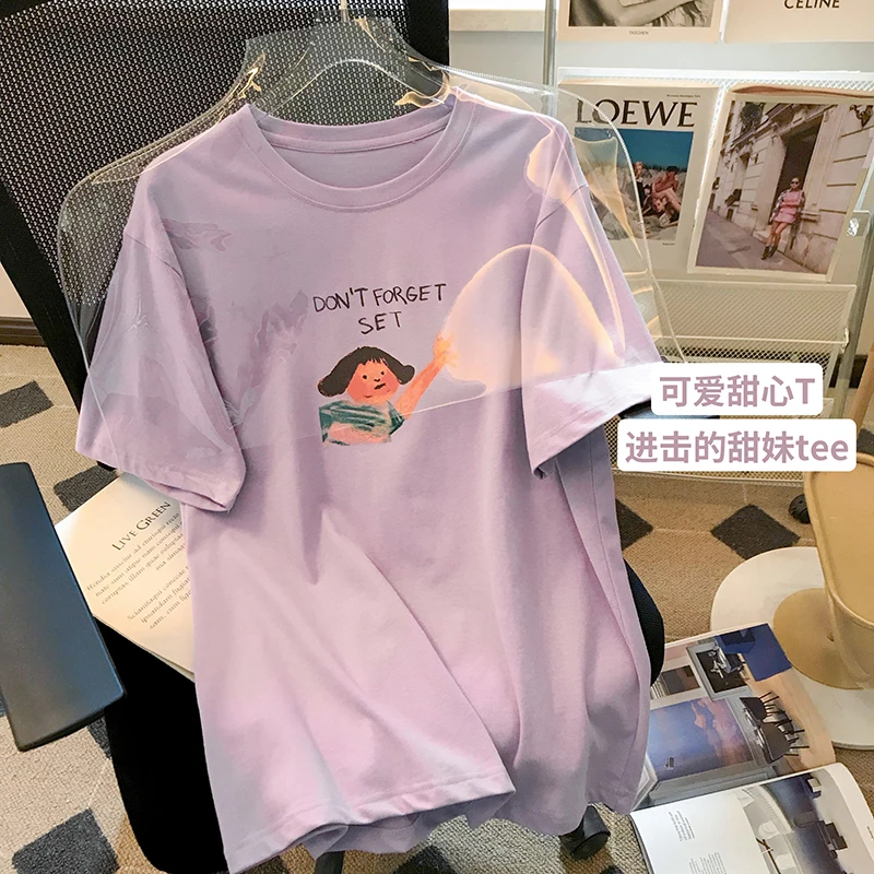 

Summer New Cotton Short-sleeved T-shirt Funny Girl Printed Women Loose Tops Streetwear Fashion Graphic T Shirts Ins Tees