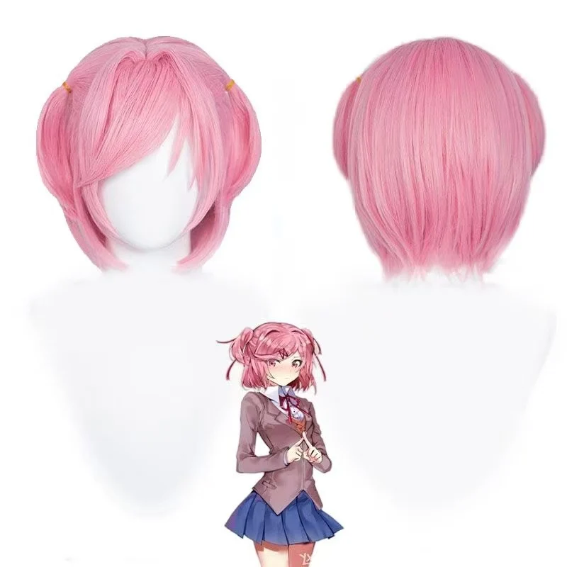 Фото Парик для косплея Натсуки из Doki Doki Literature Club, готовый к использованию, розовый, с двумя причесанными пучками, короткие волосы, не требует стрижки, для аниме-костюмов №2