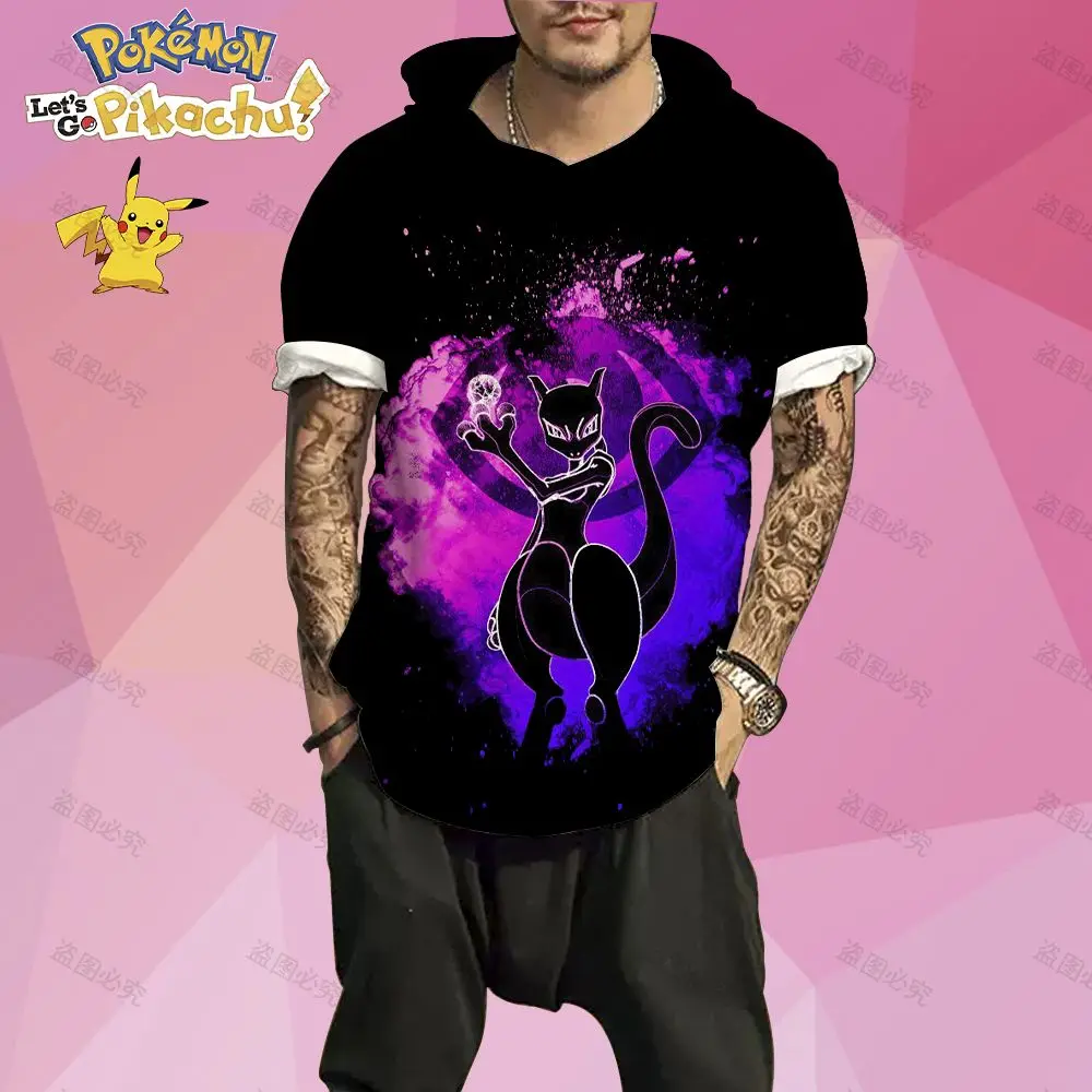 

Pikachu Pokemon Men's Hooded T-Shirts Harajuku Tops Cartoon Luxury T-shirt Anime Hip Hop Leisure Cute GYM Summer Fashion Y2k