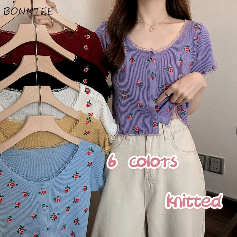 

Knitted Floral Short Sleeve T-shirts Women Slim Lace Sweet Summer Crop Tops Lovely Tender Stylish Korean Style 6 Colors Females