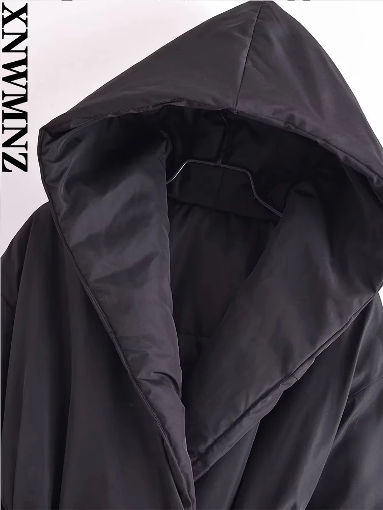 XNWMNZ Women Fashion Black Belt Thick Warm Hooded Padded Coat Vintage Long Sleeve Side Pockets Female Outerwear Chic Overcoat