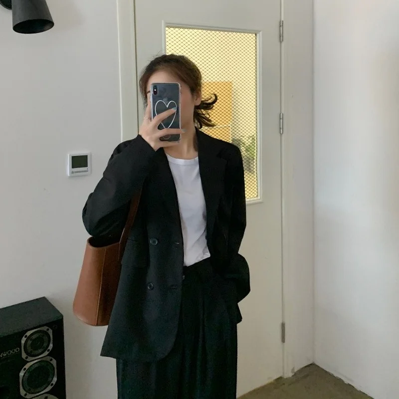 Khaki Blazer Office Lady Lapel Double Breasted Casual Commute Blazers Spring Autumn Thin Loose Suits Elegant Chic Coats Clothing