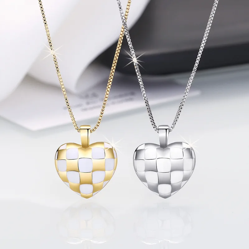 

New Women's Silver Mosaic Checkerboard Heart Pendant Necklace Gift A215