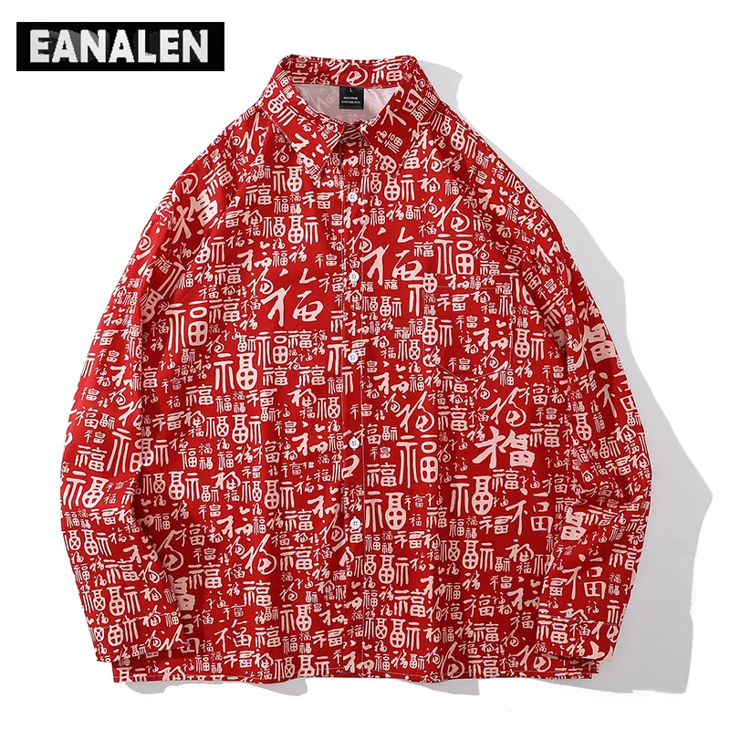 

Chinoiserie Red Text Shirt Men Social Oversized Retro Fashion Korean Clothing Hawaiian Long Sleeve Shirt Women Punk Rock