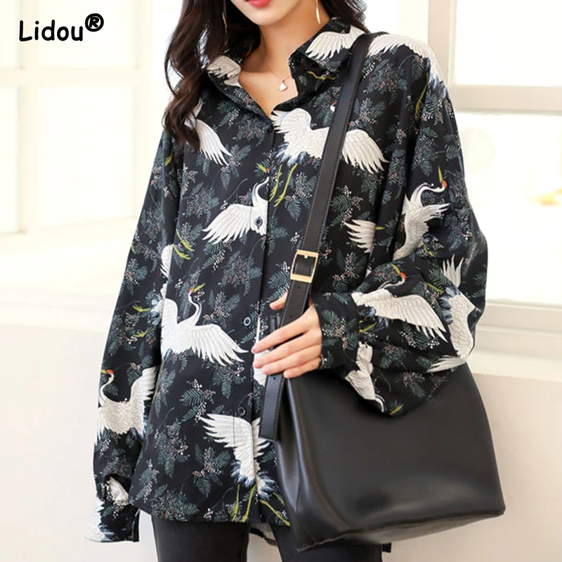 

Thin Spring Summer Blouses Handsome Printing Button Turn-down Collar Streetwear Fashion Casual Loose New Women's Clothing 2023
