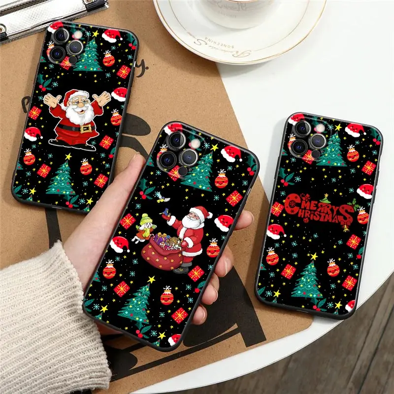 

Merry Christmas Gift Black Cases for iPhone 12 11 13 14 Pro Max XS XR 8 7 Plus SE Soft Cover Santa Claus Elk Snow Snowman Fundas