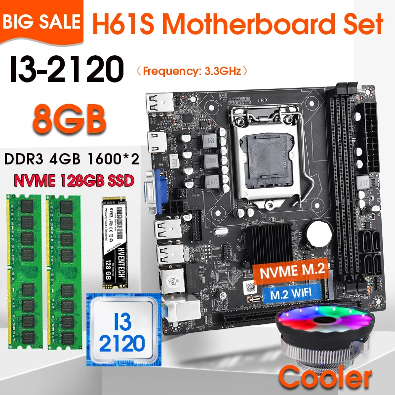 

Комплект материнской платы H61S LGA 1155 с процессором I3-2120 и DDR3 2*4 Гб = 8 ГБ ОЗУ 1600 МГц с кулером ЦП и 128 ГБ M.2 SSD