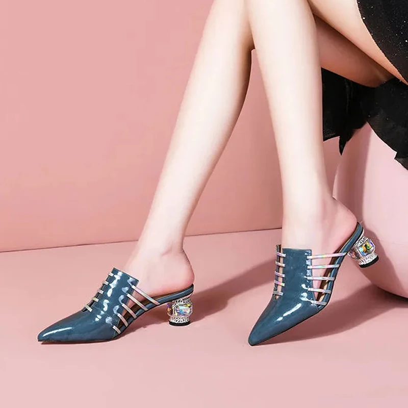 Genuine Leather Pointed Woman Pumps Elegant Non-Slip Hollow Crystal Wedding Shoes 2022 Fashion comfor Luxury Designer Slides