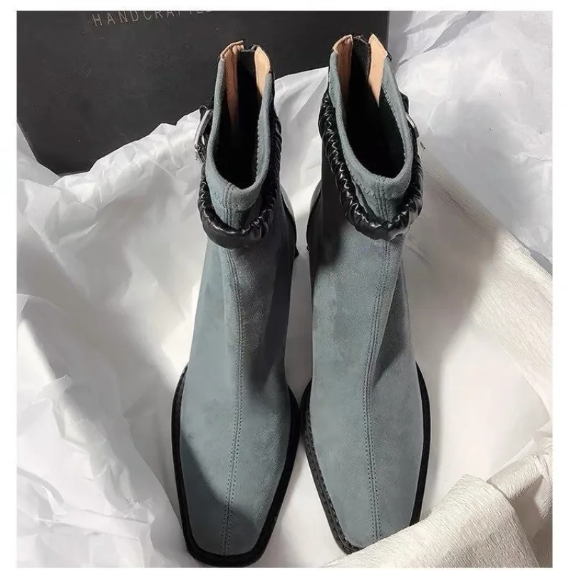 Женские ботильоны на высоком каблуке с квадратным носком модная замшевая