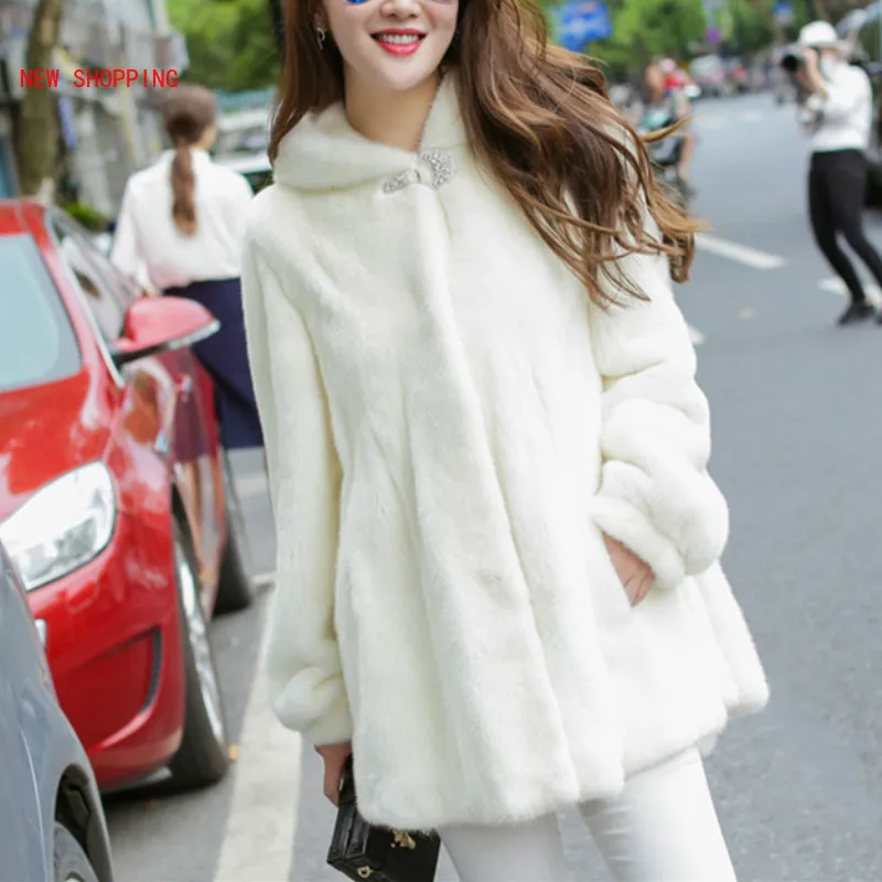 Winter Mink Coat Female New Cape Coats Mid-length Hooded White Black Fashion Casuak Thick Long Sleeve Waem Mink Fur Jacket 2023