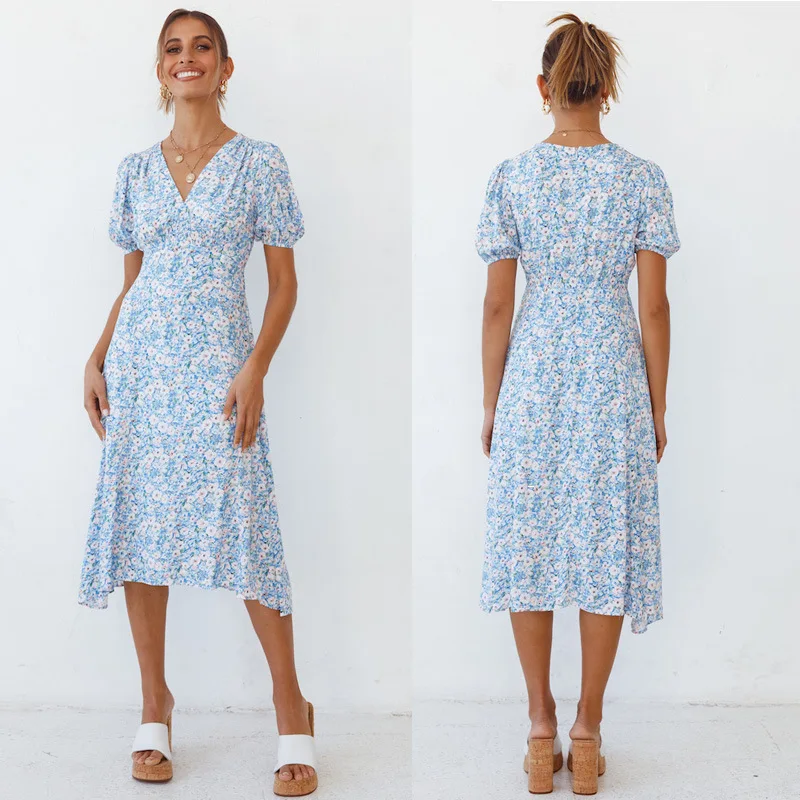 

2022Spring and Summer New Casual Temperament Short SleeveVCollarALine Skirt Printed Dress