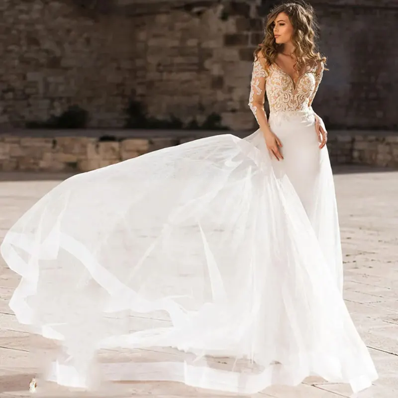 

Challoner Simple V-neck Applique Wedding Dresses Long Sleeves Spaghetti Straps Bridal Gown Custom Floor Length Vestido De Novia