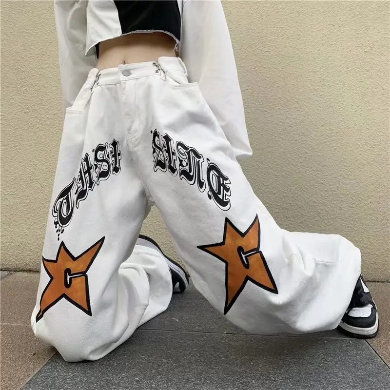 2022 New Arrivals Star Print Harajuku White Men Baggy Jeans Trousers Hip Hop Straight Loose Women Casual Denim Pants Ropa Hombre