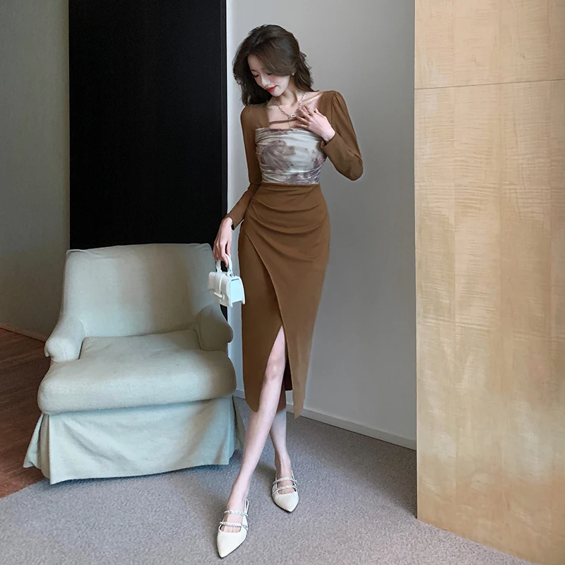 

Mesh stitching new westernized and high-end feeling new Chinese printed bra dress