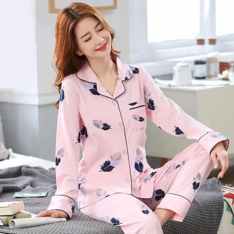 Spring and Autumn Women's Pajamas Set Women's Summer Long Sleeve Pants Plus Size Set Double Pocket Homewear Set