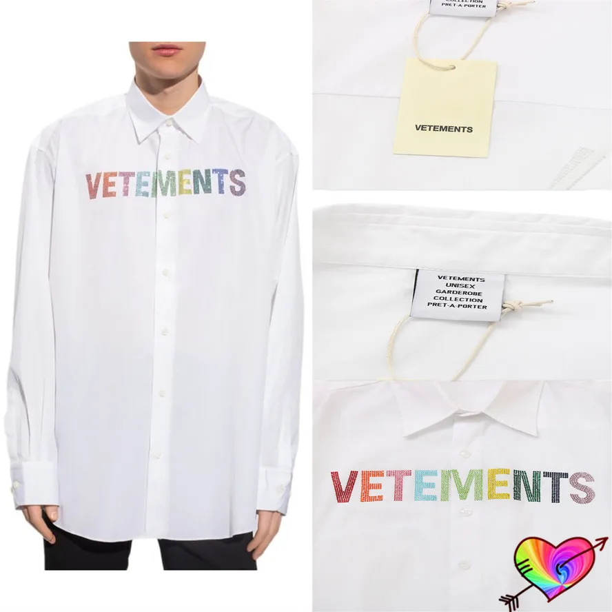 

Big Oversized Rhinestone Vetements Shirts 2022 Men Women 1:1 Multicolor Logo Vetements Shirts High Quality VTM White Blouse