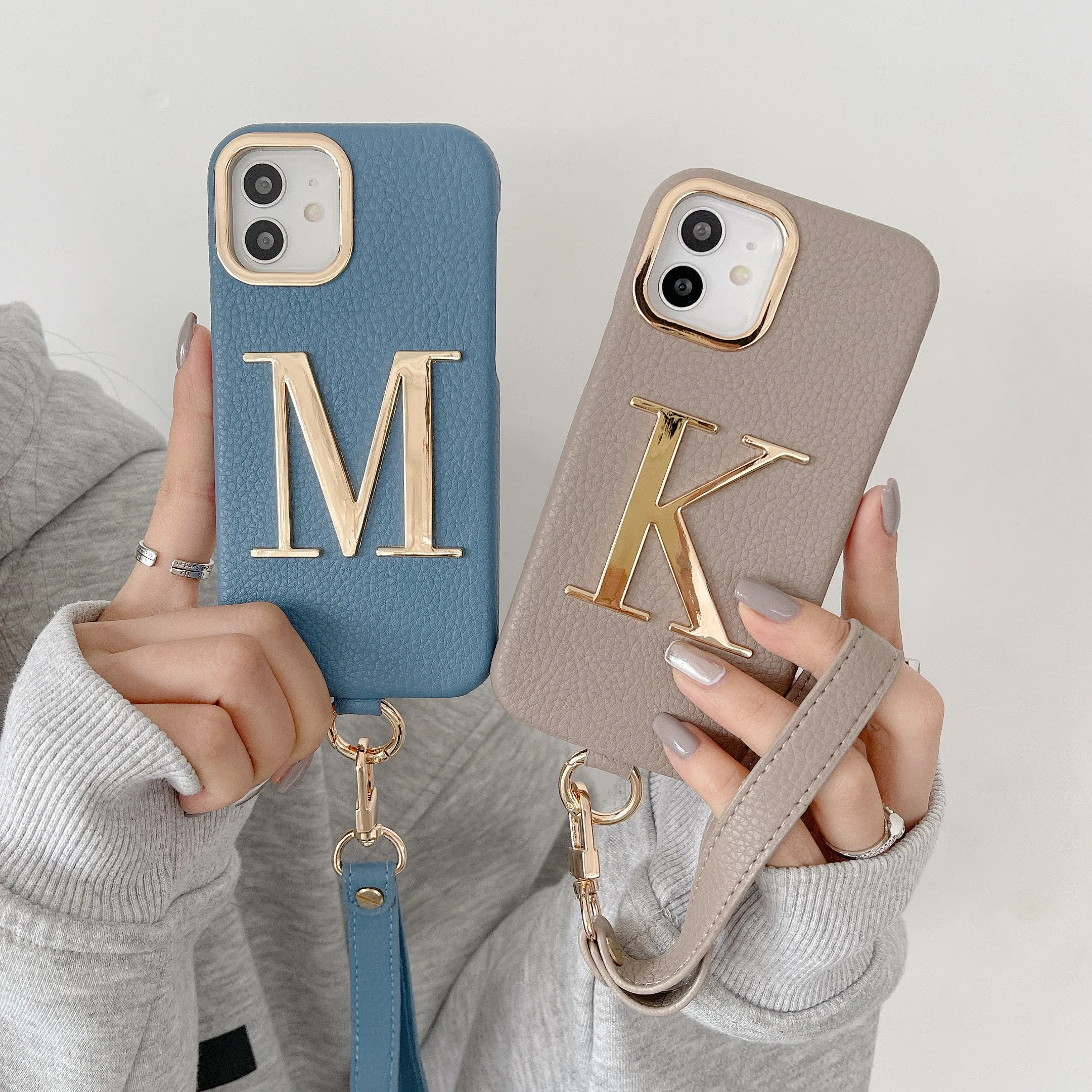 

New Female Leather Custom Initial Leather Hand Rope Gold Letters Phone Case For iPhone15 14 14ProMax 14Plus 13Promax 13 12 11