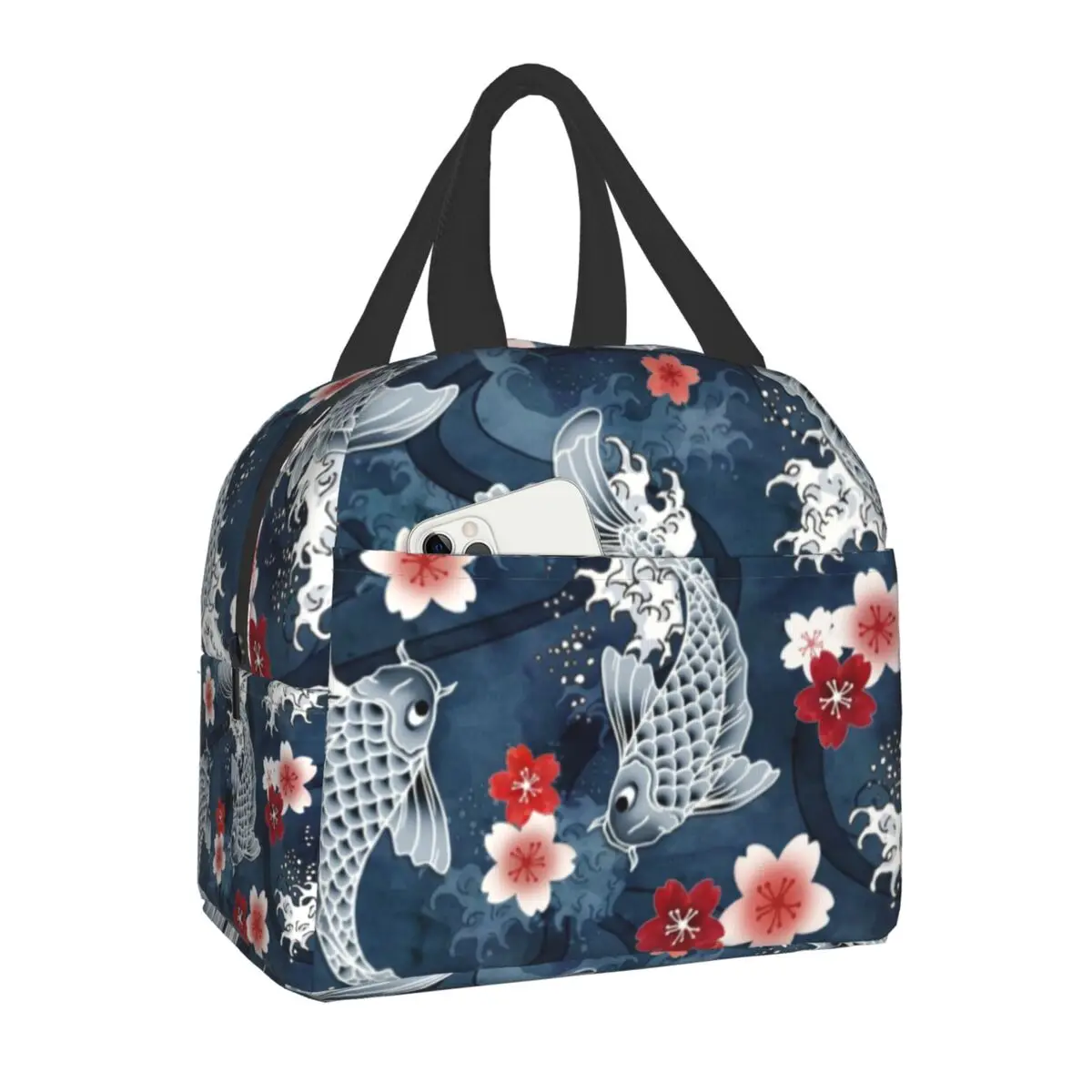 

2023 New Koi Cherry Sakura Blossom Thermal Insulated Lunch Bags Flower Floral Japanese Asian Fish Portable Lunch Tote Food Box