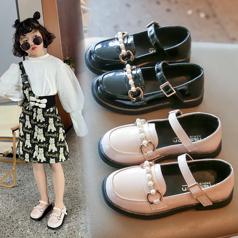 

Kids Girls Britain Little PU Shoes 2022 Spring and Summer New Children Pearls Solid Black Princess Performance Loafers Fashion