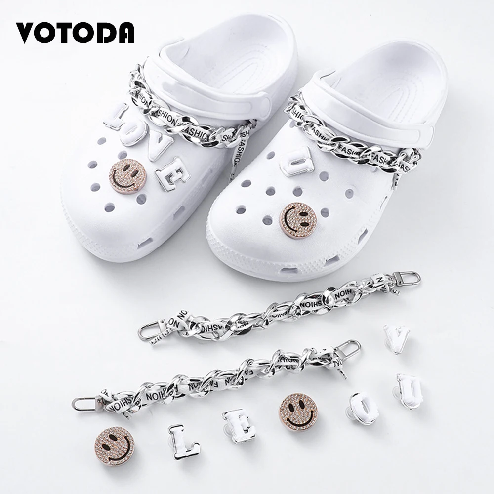 

9 шт./компл. Очаровательная обувь «сделай сам» блестящая металлическая цепочка для Croc украшение для обуви со смайликом пряжка с буквами диза...