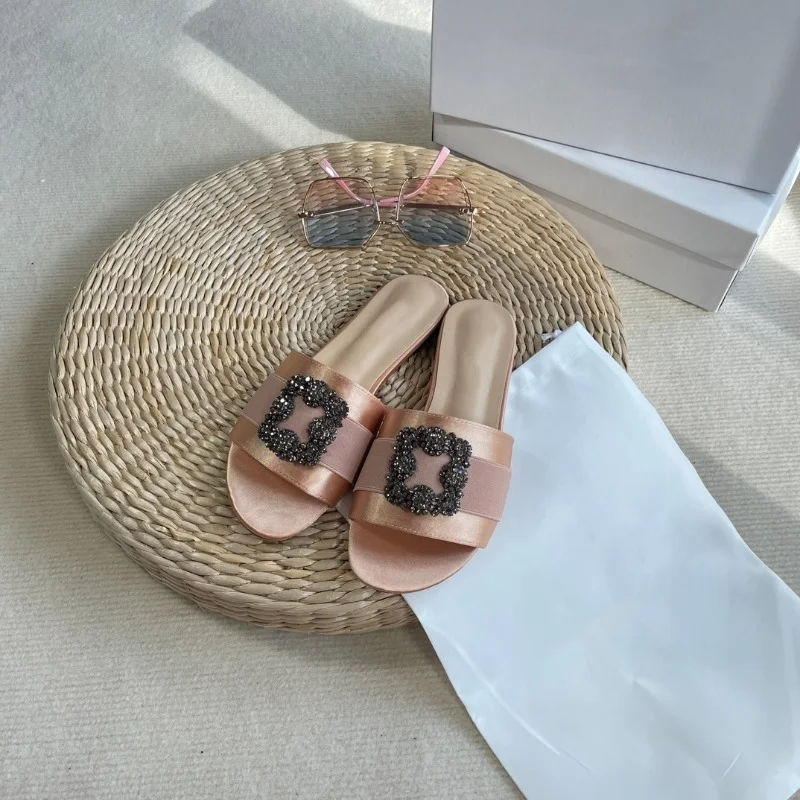 High end women's shoes 2023 summer new water diamond flat shoes comfortable and fashionable versatile slippers sandals for women