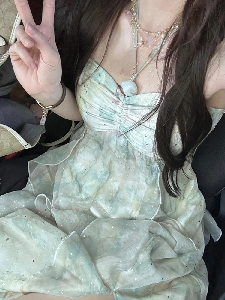 

2023 Summer Chiffon French Elegant Midi Dress Women Beach Style Sexy Strap Dress Party Casual One Piece Dress Korean Fashion