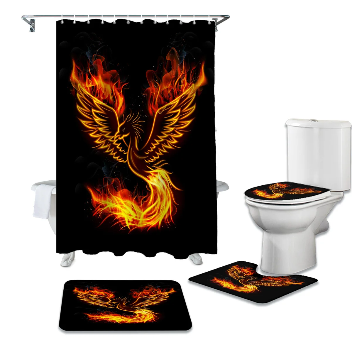 

Red Phoenix Animal Print Shower Curtain Set Carpet Cover Toilet Cover Bathroom Mat Bathroom Household