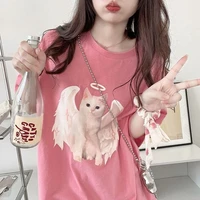 cat pattern print t shirt women pure cotton peach powder new sweet and cute round neck top oversized college style kawaii tee