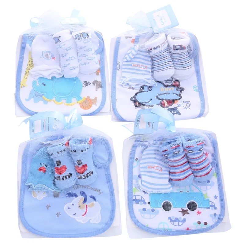 1 bag Baby Cotton Bibs Towel Socks Sets Newborn Kids Burp Cloths+Socks +Anti-scratch Gloves Boys Girls Christmas Birthday Gift