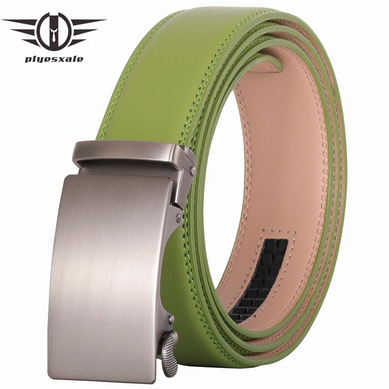 

Plyesxale Grass Green Casual Leather Belt For Men Luxury Brand Mens Formal Dress Belts High Quality Metal Automatic Buckle G165