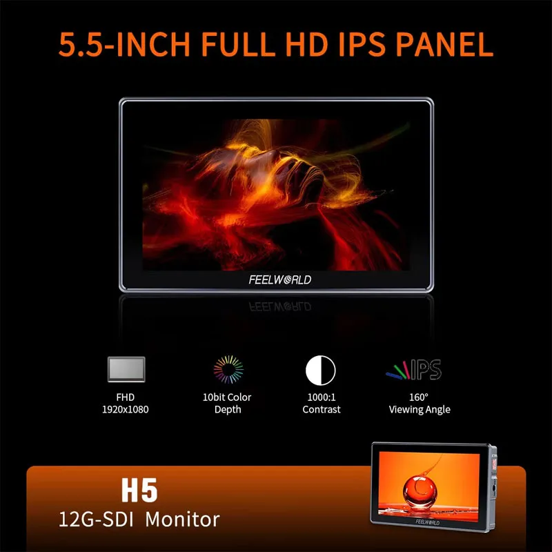 Фото FEELWORLD H5 5.5-дюймовый монитор для камеры 12G SDI 4K HDMI с высокой яркостью 1200 нит, разрешением 1920x1080, сенсорным экраном и алюминиевым корпусом №2
