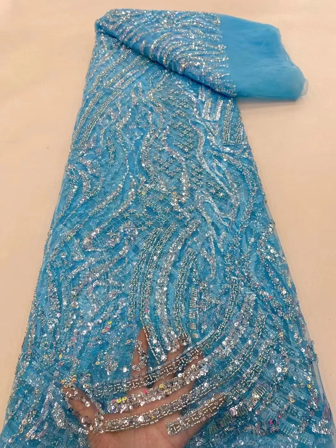 

African Net Lace Fabric sky Blue Heavy Beads and Sequins Nigerian Lace Fabrics French Tulle Lace Material for Women Dress