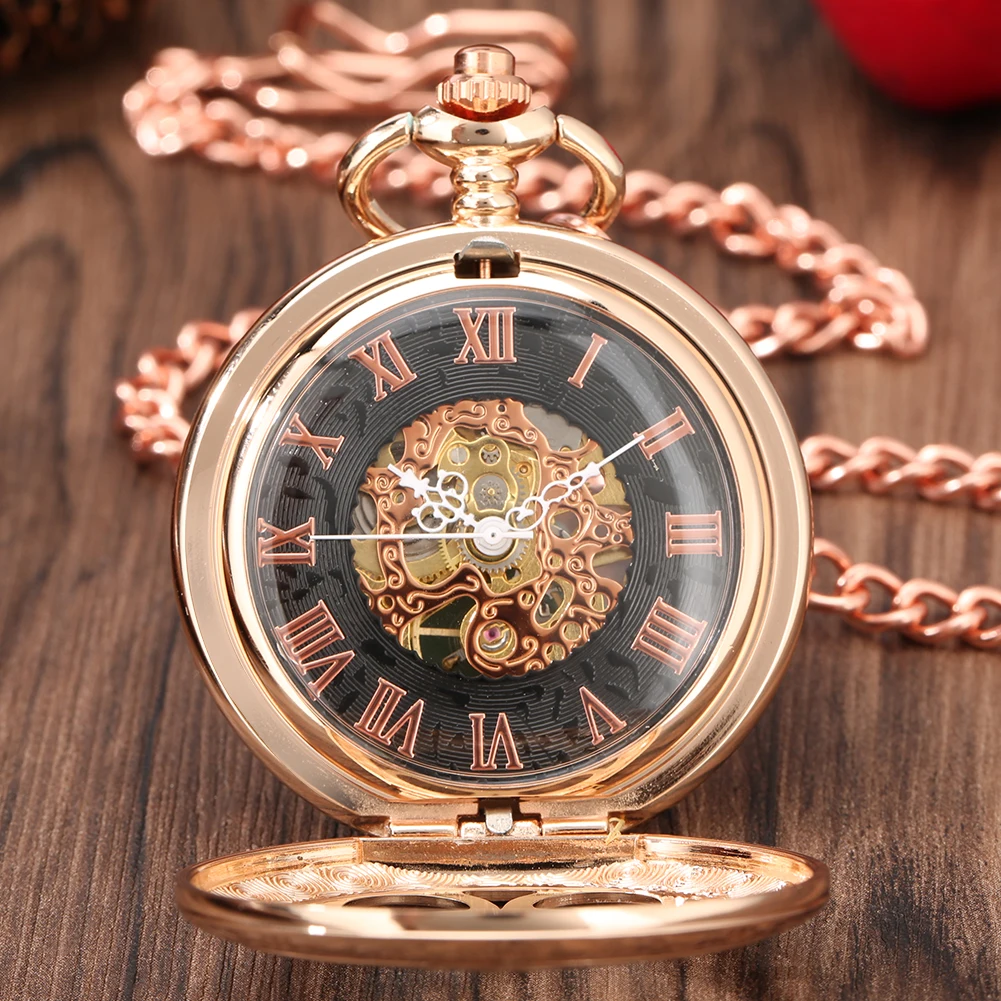 Hollow Rose Gold Flower Pattern Mechanical Hand-Wind Pocket Watch Roman Numerals Dial Elegant Manual Pocket Clock Fob Chain
