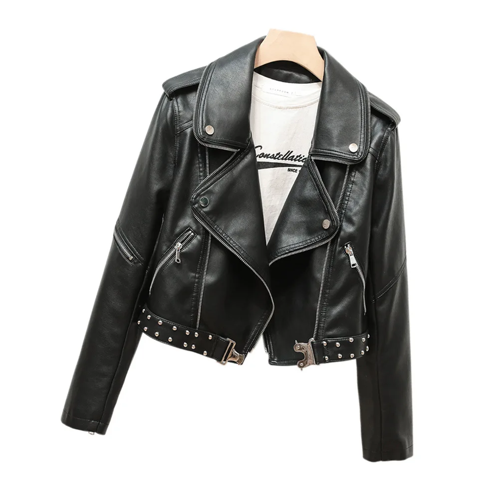 2023 New belt riveted heavy industry zipper decorative lapel women's leather jacket epaulettes leather jacket