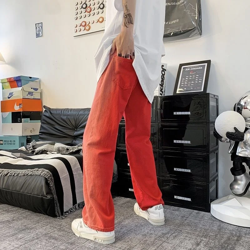 Summer Red Jeans Men Fashion Casual Straight Jeans Men Harajuku Streetwear Hip Hop Loose Denim Pants Mens Trousers S-3XL