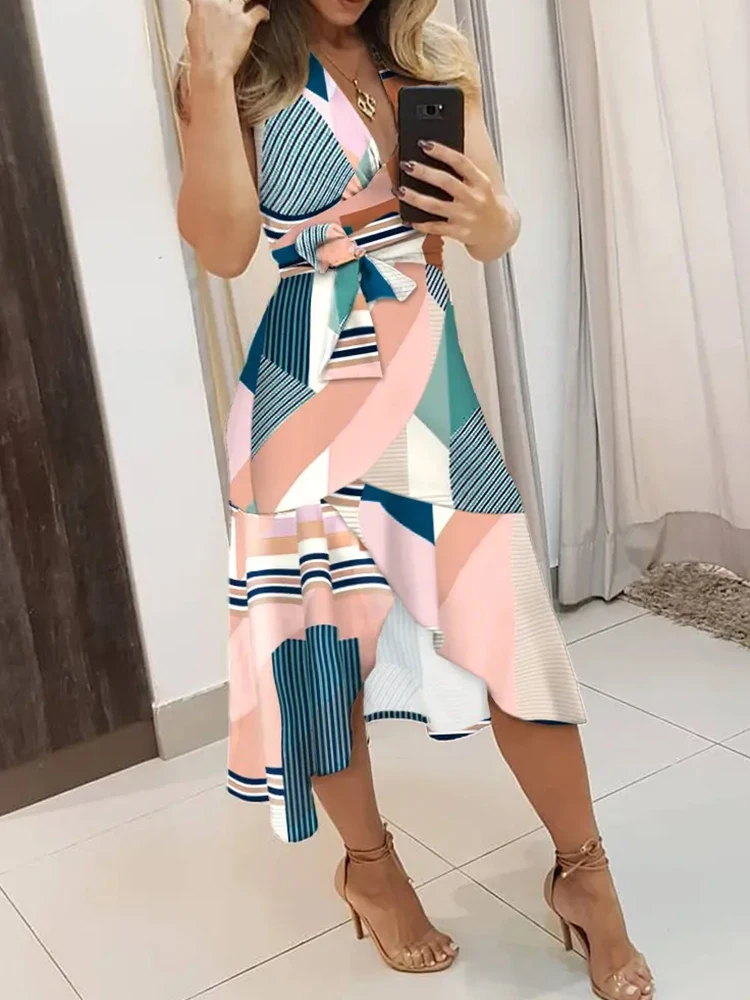 

New Sleeveless Printed V Neck Irregular Dress Fashion Female Dresses Elegant Summer Sexy Women Waisted Bow Belt Long Dress