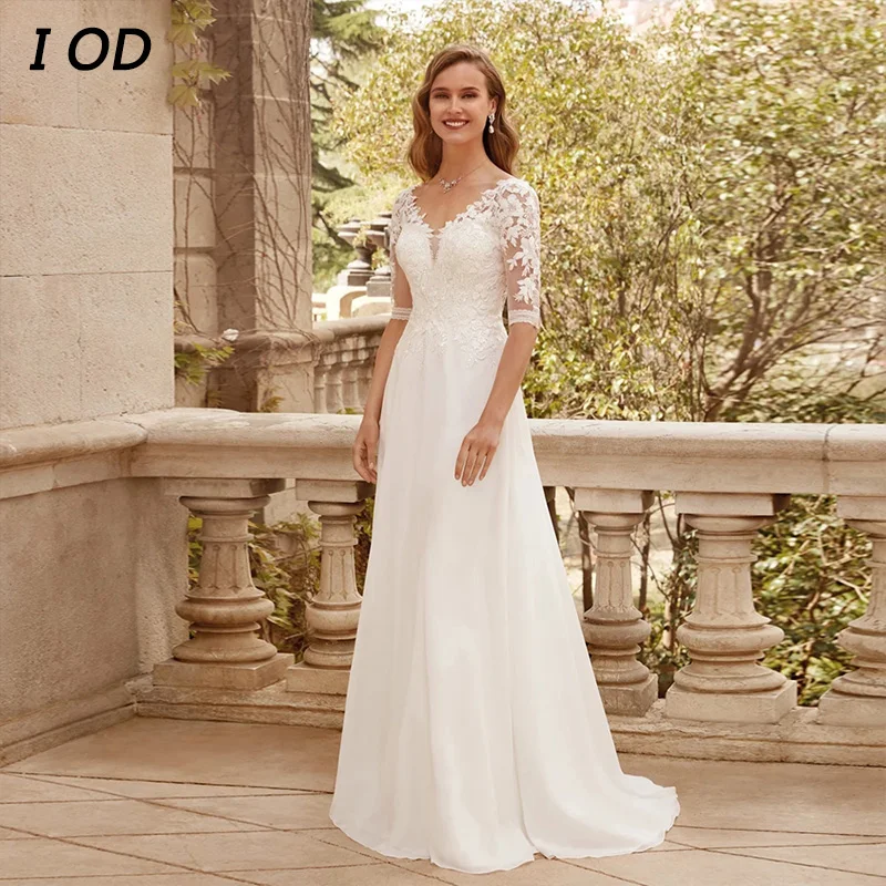 

I OD Elegant Wedding Dresses V-Neck Half Sleeves Lace Appliques Backless Chiffon Bridal Gown Floor-Length Sweep Train Vestidos