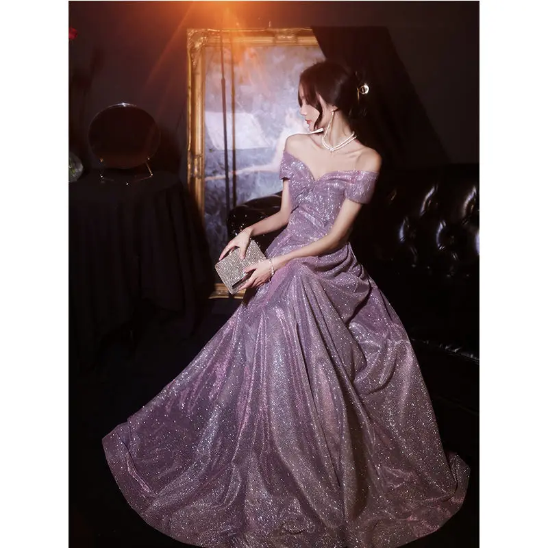 

Женское вечернее платье с открытыми плечами, элегантное яркое платье с V-образным вырезом, с высокой текстурой, для конференций и проведения...