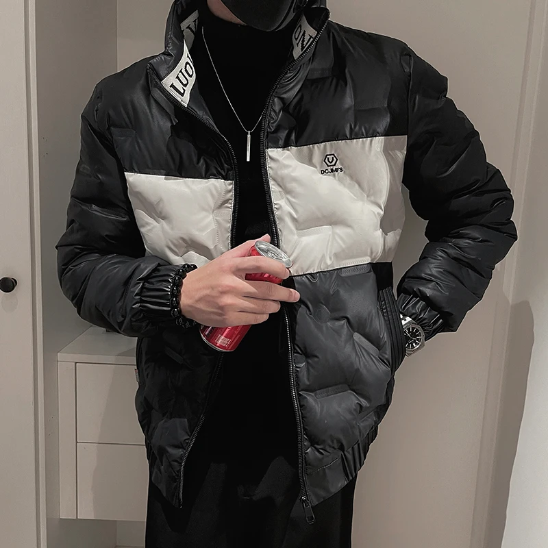 2022 Winter Contrast Stitching Puffer Parkas Men Thicken Warm Stand Collar Jacket Korean Hiphop Overcoat Streetwear Men Clothing