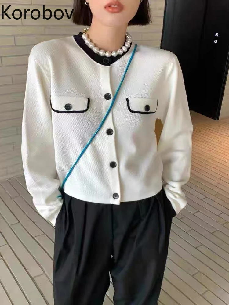 

Korobov Autumn New Korean Fashion Knitted Tops Temperament Simple Loose Wild Cardigan Mujer Leisure Stripe Long Sleeves Sweater