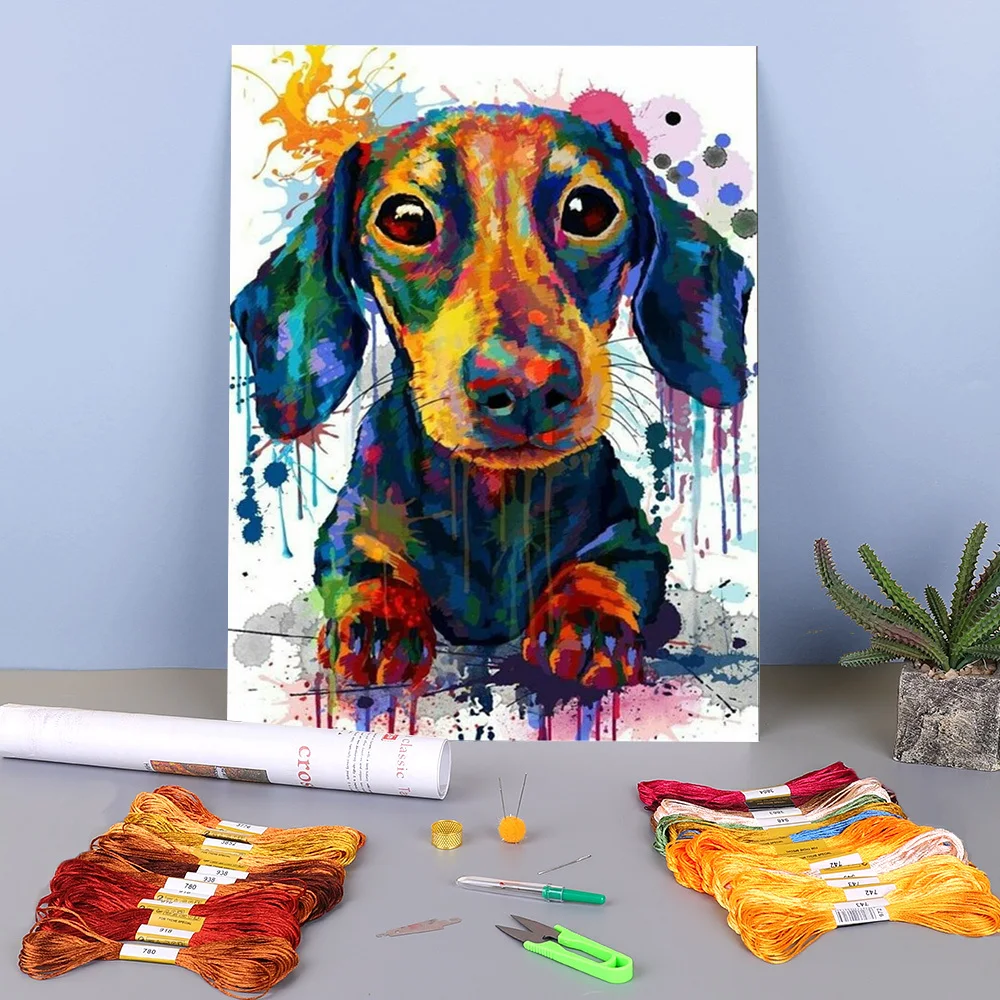 

Animal Dachshund Printed Water-Soluble Canvas 11CT Cross Stitch Set Embroidery DMC Threads Handiwork Painting Craft Needle