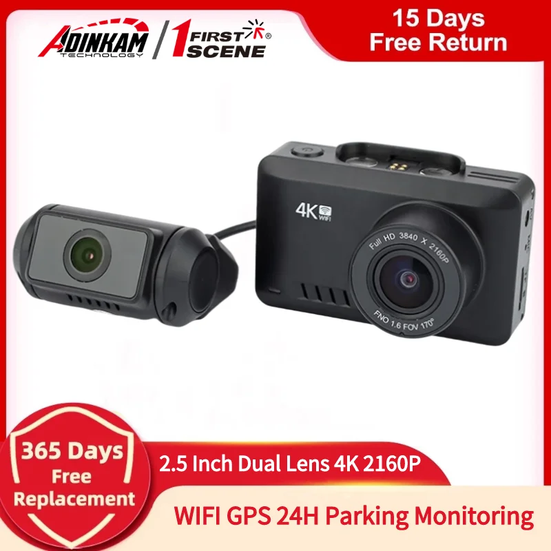 

Видеорегистратор ADINKAM 4K 2160P QHD, 2,5 дюйма, два объектива