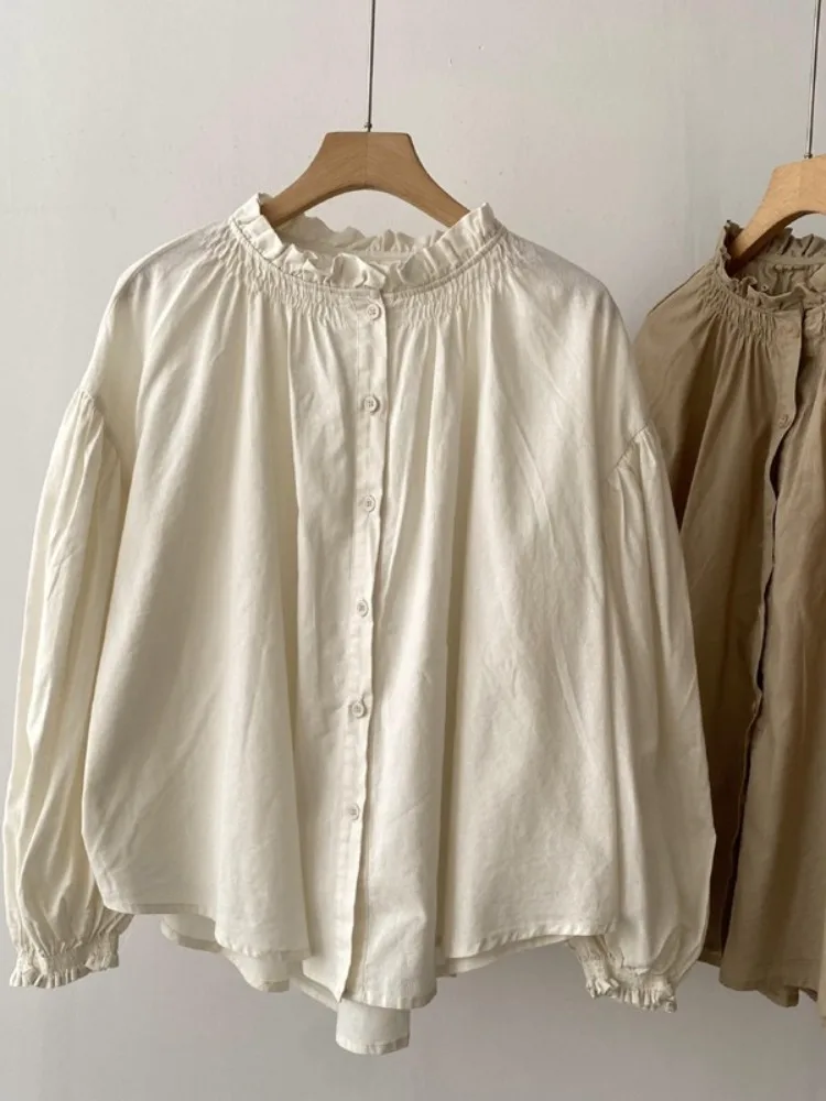 Artistic Age-Reducing Lace Collar Cotton and Linen Long sleeve Shirts Women Autumn Solid Sweet Temperament Slimming Shirt Cas...