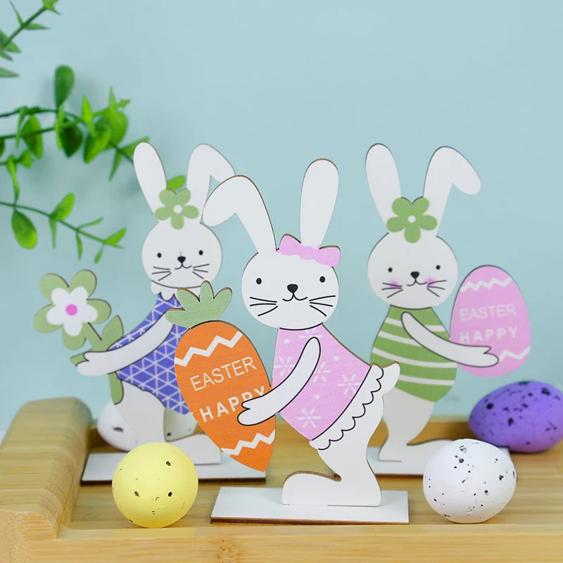 

New Easter Decorations Wooden Rabbit Printing Craft Ornaments DIY Easter Decor for Home Table Party Arrangement Kids Gift Favor