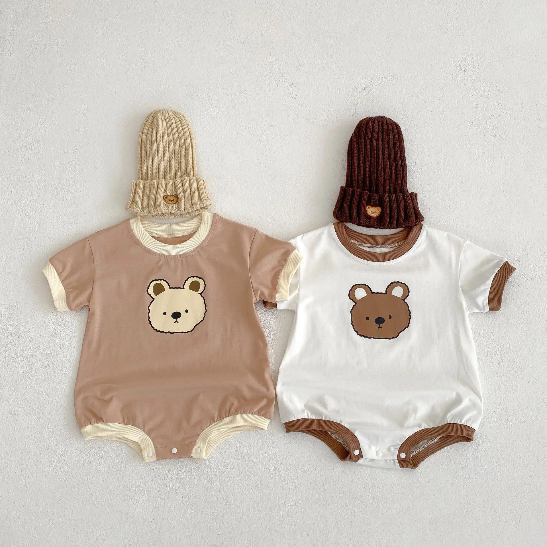 

Summer Style Baby And Children One-Piece Boy's And Girl's Baby Cartoon Bear Print Short Sleeve Triangle Clothing Climbing Suit